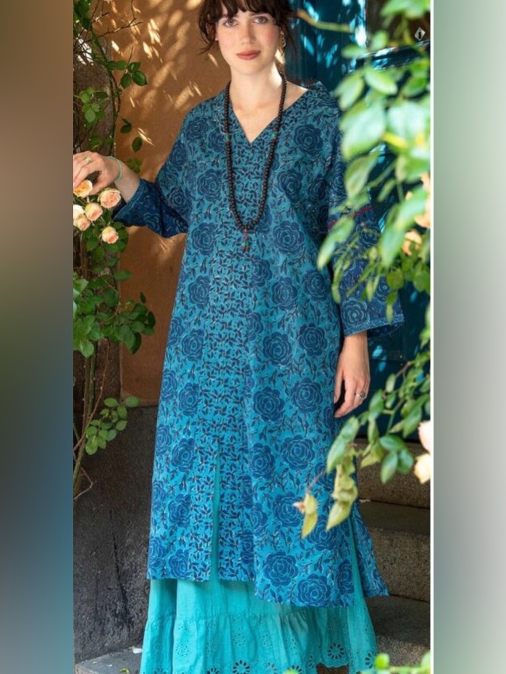 Gudrun Sjoden, organic cotton Teal and Turquoise Floral block print Midi Dress